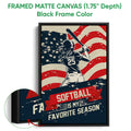 Black framed canvas softball wall art with a batter silhouette and close-up view of the textured printed surface