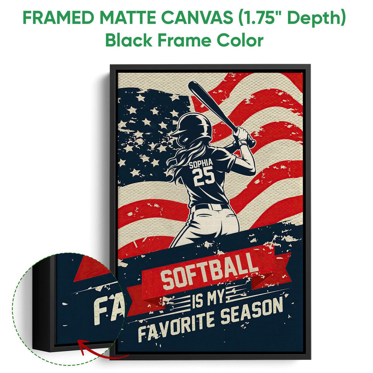 Black framed canvas softball wall art with a batter silhouette and close-up view of the textured printed surface