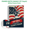 White framed canvas softball wall art displaying a batter silhouette and close-up of the textured artwork