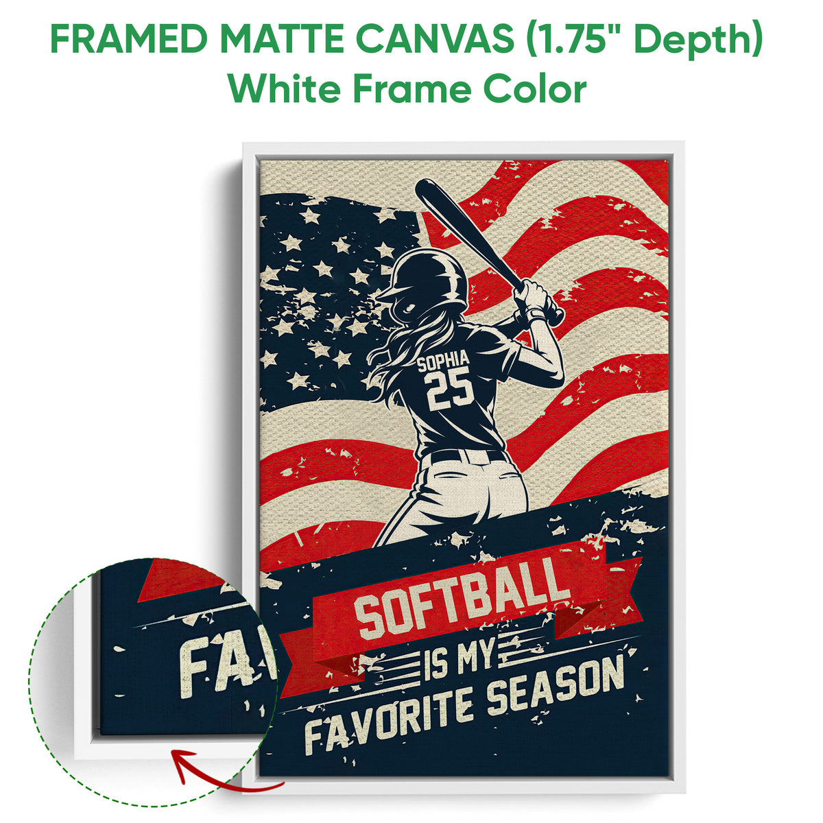 White framed canvas softball wall art displaying a batter silhouette and close-up of the textured artwork