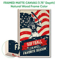 Natural wood framed softball wall art featuring a batter silhouette and detailed view of the frame depth