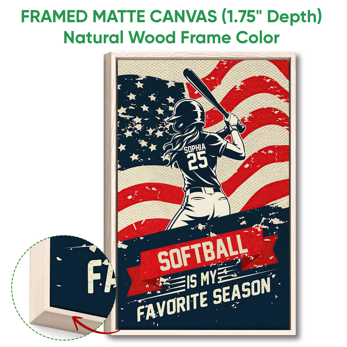 Natural wood framed softball wall art featuring a batter silhouette and detailed view of the frame depth
