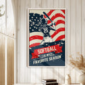 Softball wall art displayed in a bright home with natural wood framing and a distressed red and navy design