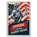 Framed lacrosse wall art featuring a helmeted player with a lacrosse stick and distressed flag-inspired background