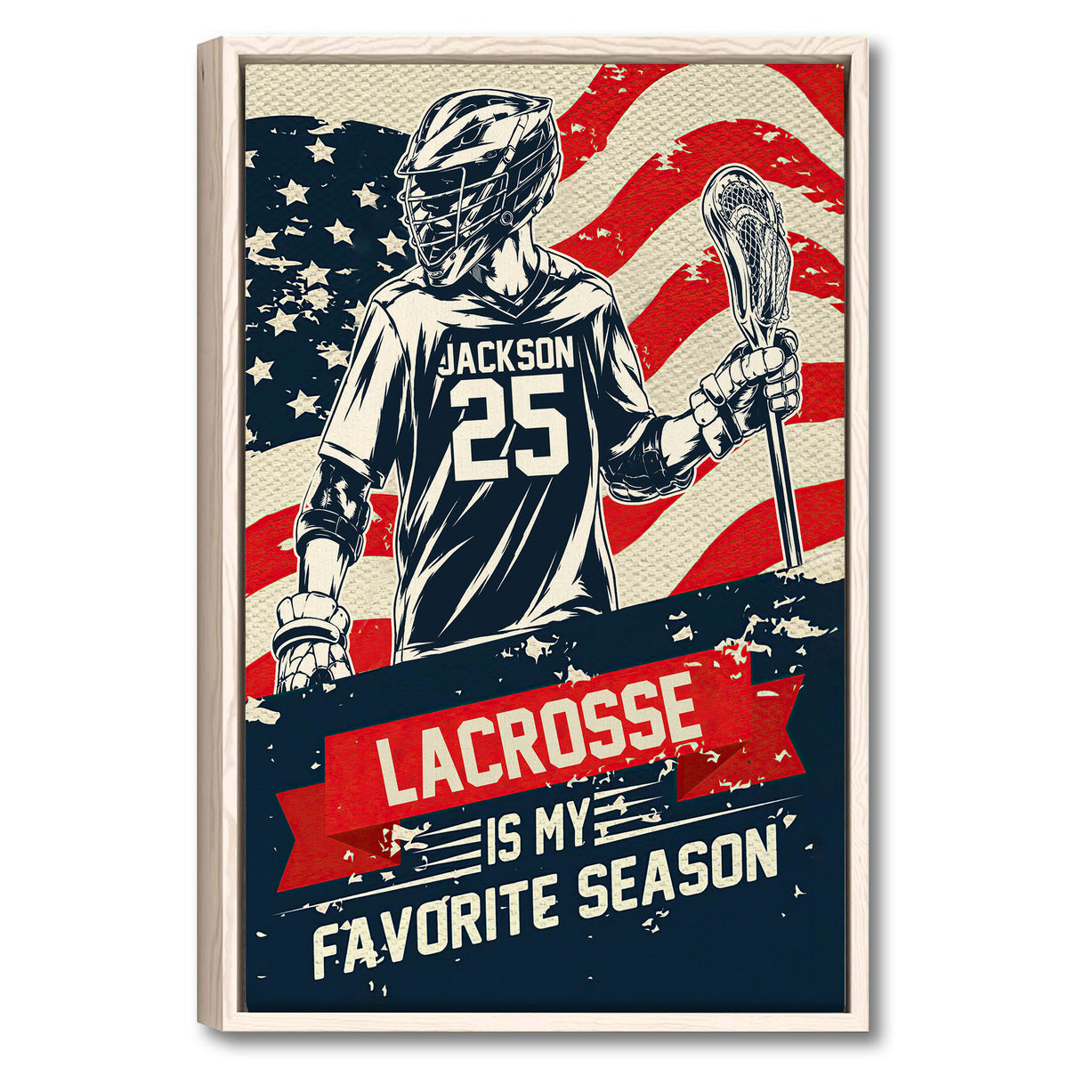Framed lacrosse wall art featuring a helmeted player with a lacrosse stick and distressed flag-inspired background