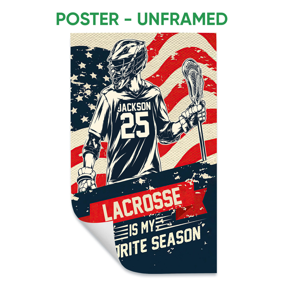 Unframed lacrosse poster print with a helmeted player, lacrosse stick, bold red and navy graphics, and distressed texture