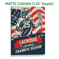 Matte canvas lacrosse wall art featuring a helmeted player, lacrosse stick, and bold red, navy, and cream artwork