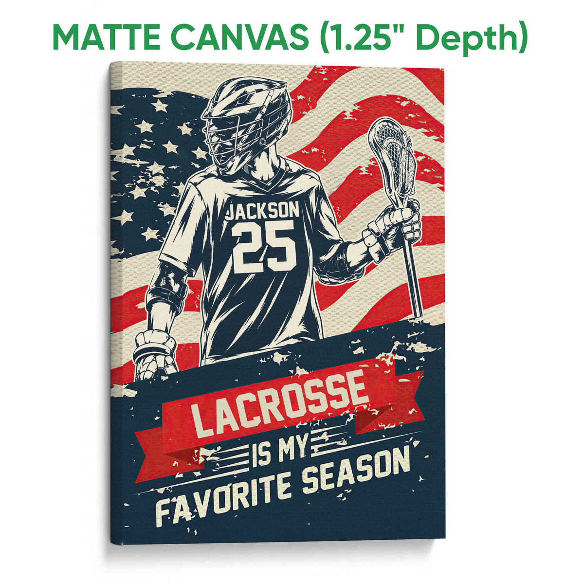 Matte canvas lacrosse wall art featuring a helmeted player, lacrosse stick, and bold red, navy, and cream artwork