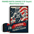 Framed matte canvas lacrosse wall art shown with a black frame and close-up view of the artwork texture