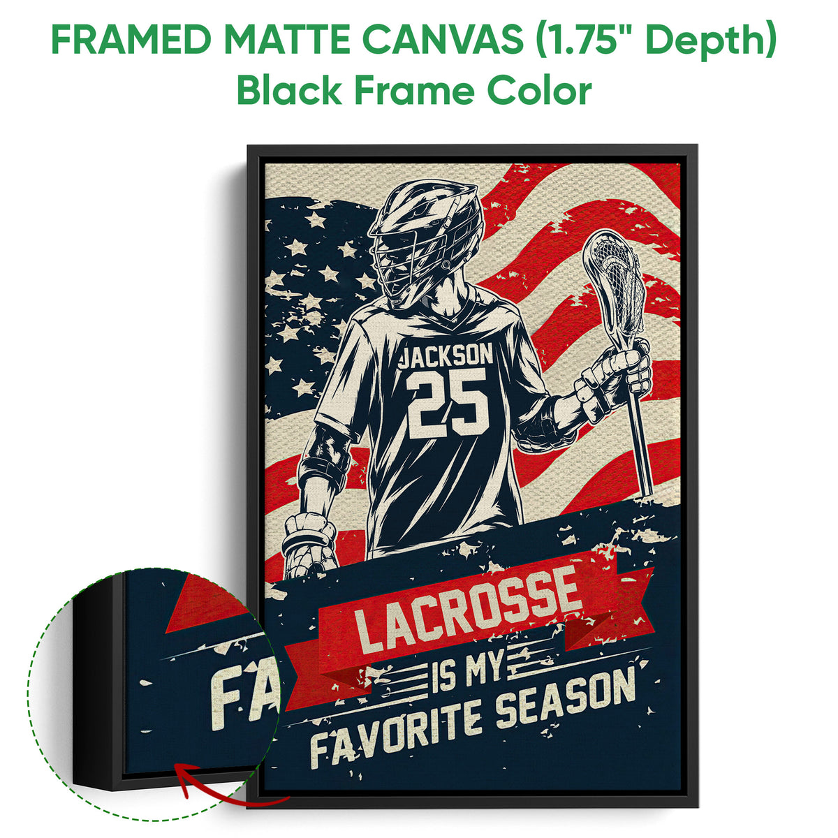Framed matte canvas lacrosse wall art shown with a black frame and close-up view of the artwork texture