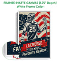 Framed matte canvas lacrosse wall art shown with a white frame and close-up view of the artwork texture