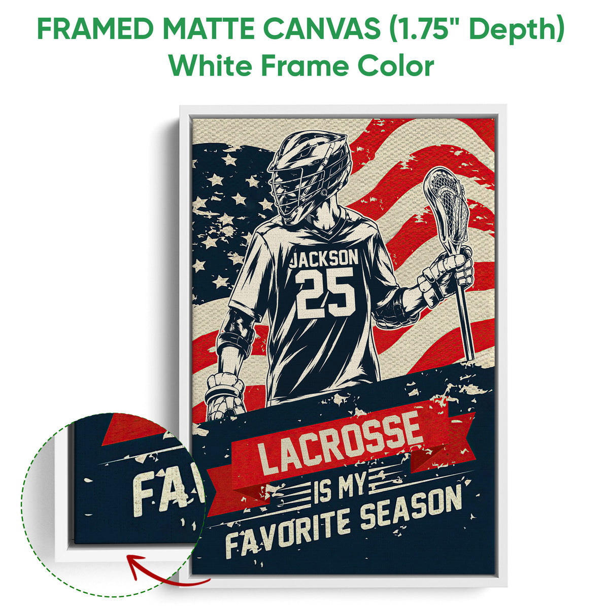 Framed matte canvas lacrosse wall art shown with a white frame and close-up view of the artwork texture