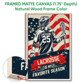 Framed matte canvas lacrosse wall art shown with a natural wood frame and close-up edge detail