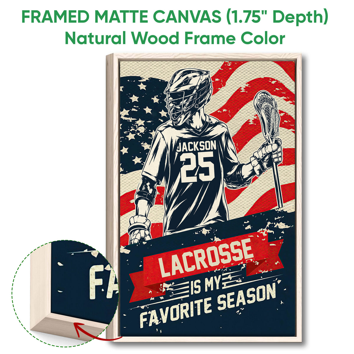 Framed matte canvas lacrosse wall art shown with a natural wood frame and close-up edge detail