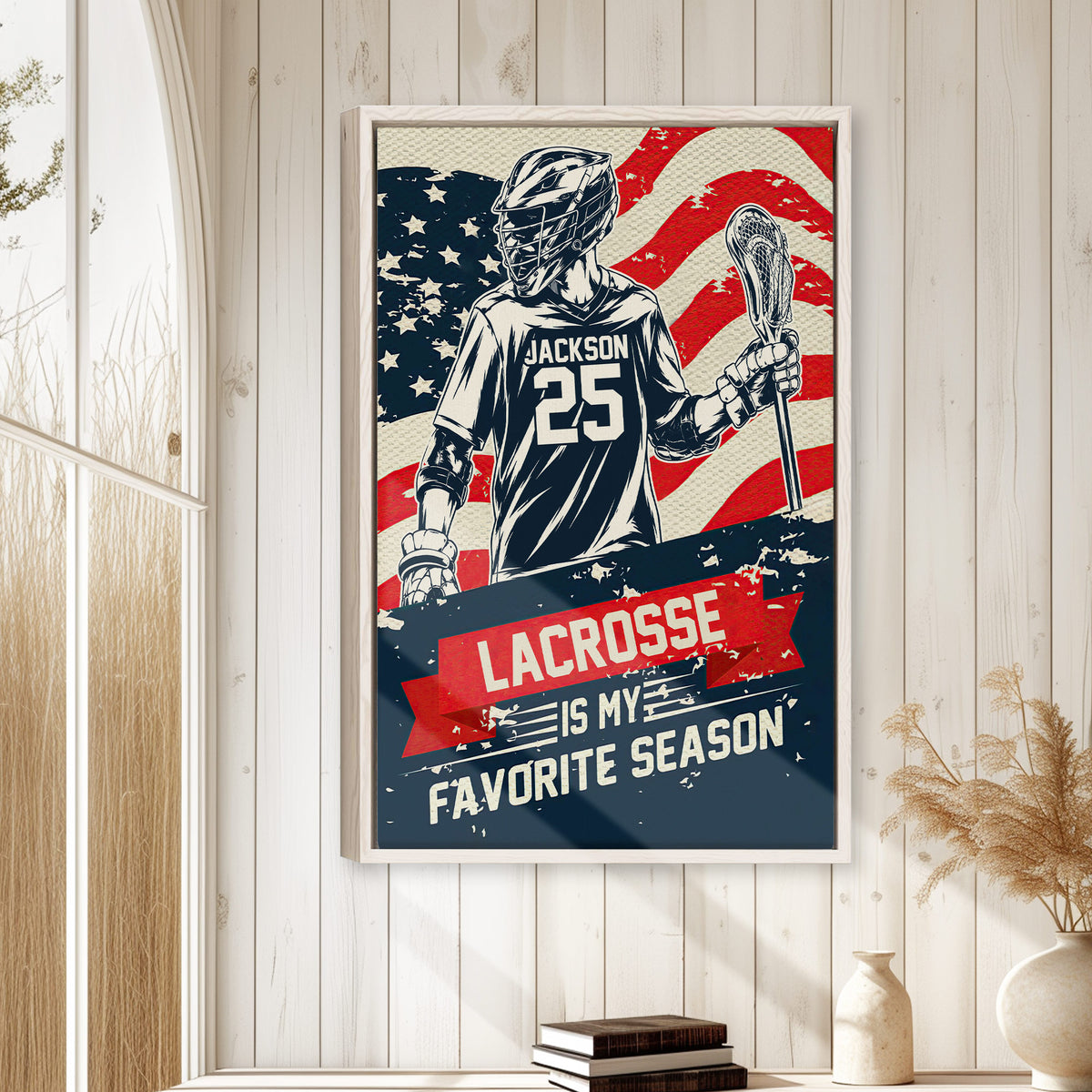 Lacrosse wall art displayed in a bright room with white wood paneling and a natural wood frame
