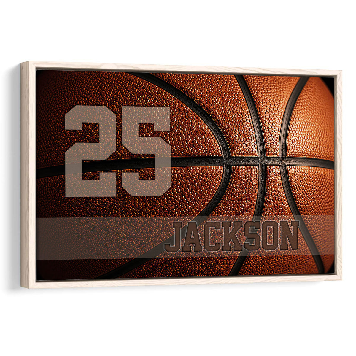 Custom basketball wall art with close-up orange basketball texture, bold player number and custom name on a dark sports background