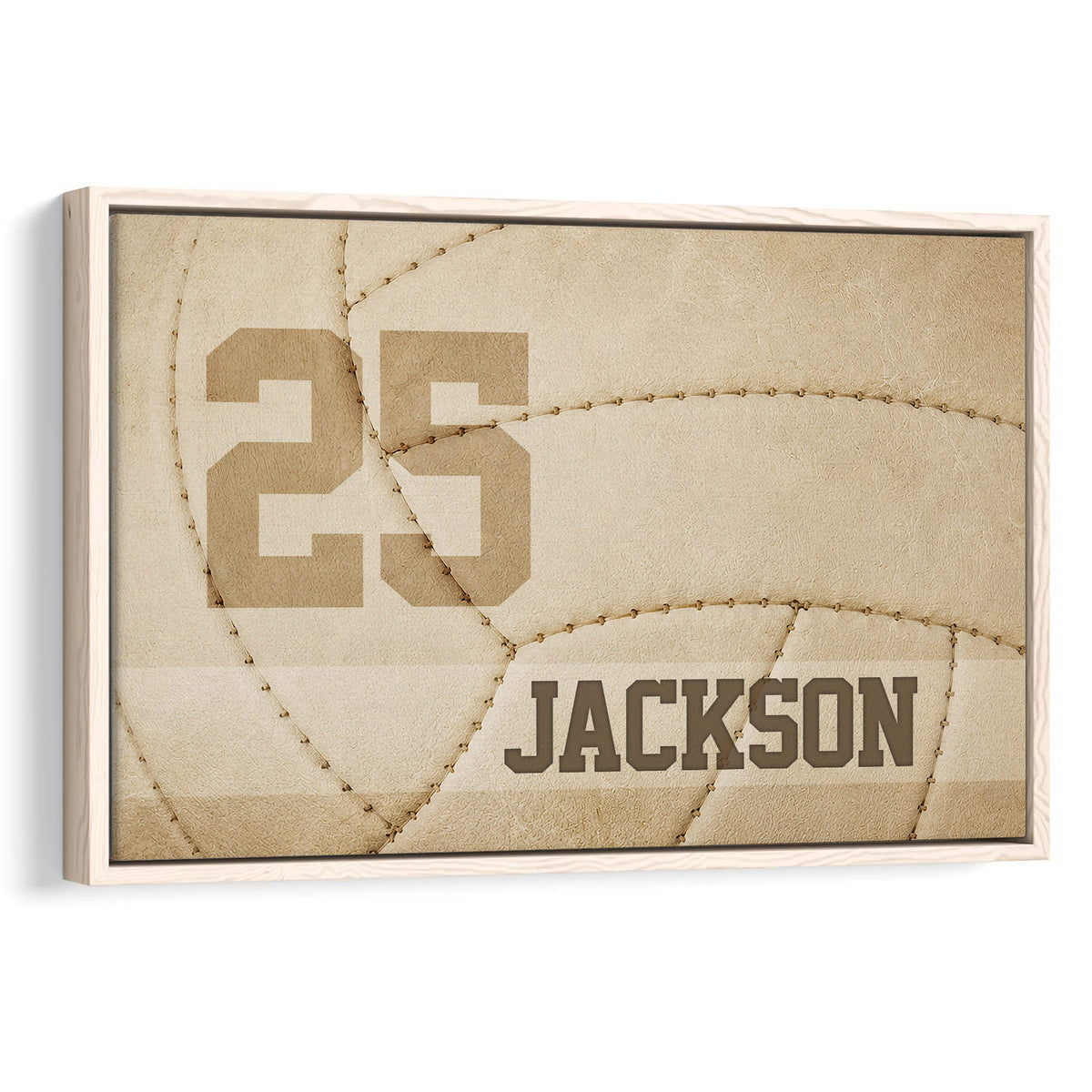 Custom volleyball wall art with close-up cream volleyball texture, custom player number and name in a minimalist neutral sports design