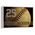 Softball wall art with close-up vintage ball, red stitching, dark background and bold player name and number design