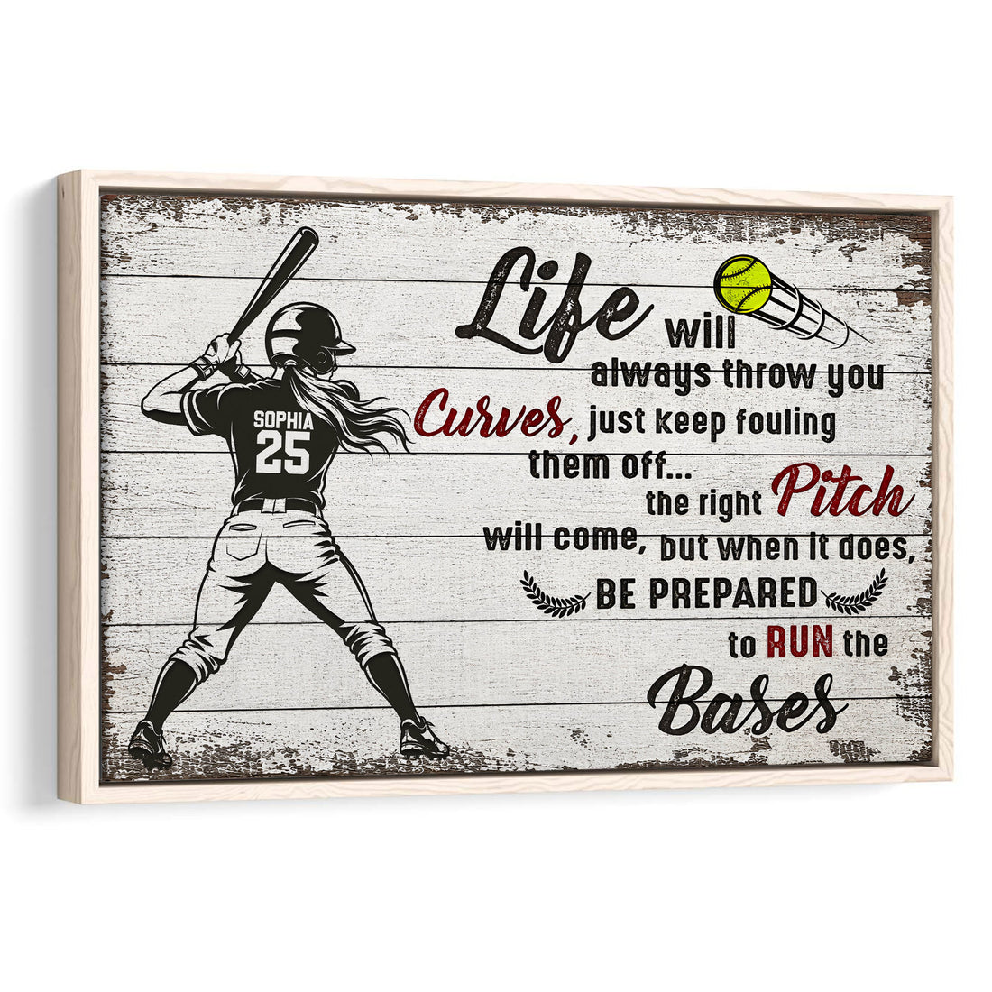 Framed softball wall art showing a batter and softball-themed motivational design