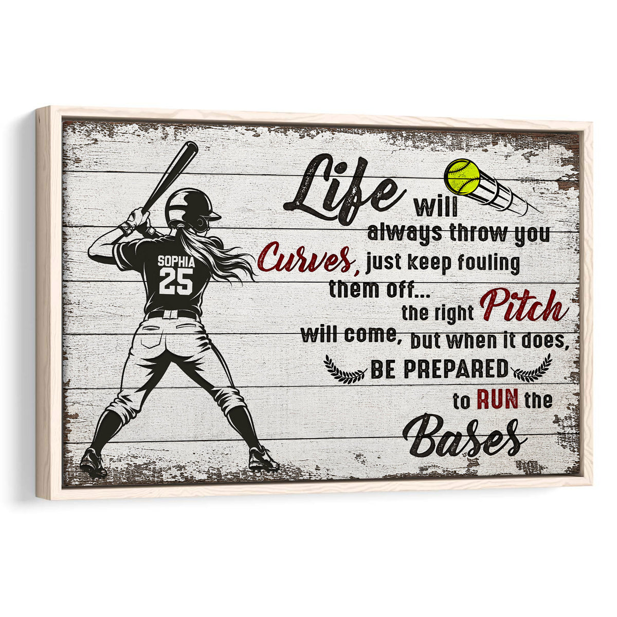 Framed softball wall art showing a batter and softball-themed motivational design