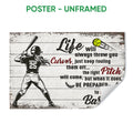 Unframed softball poster featuring a batter, bright softball, and distressed wood-style artwork