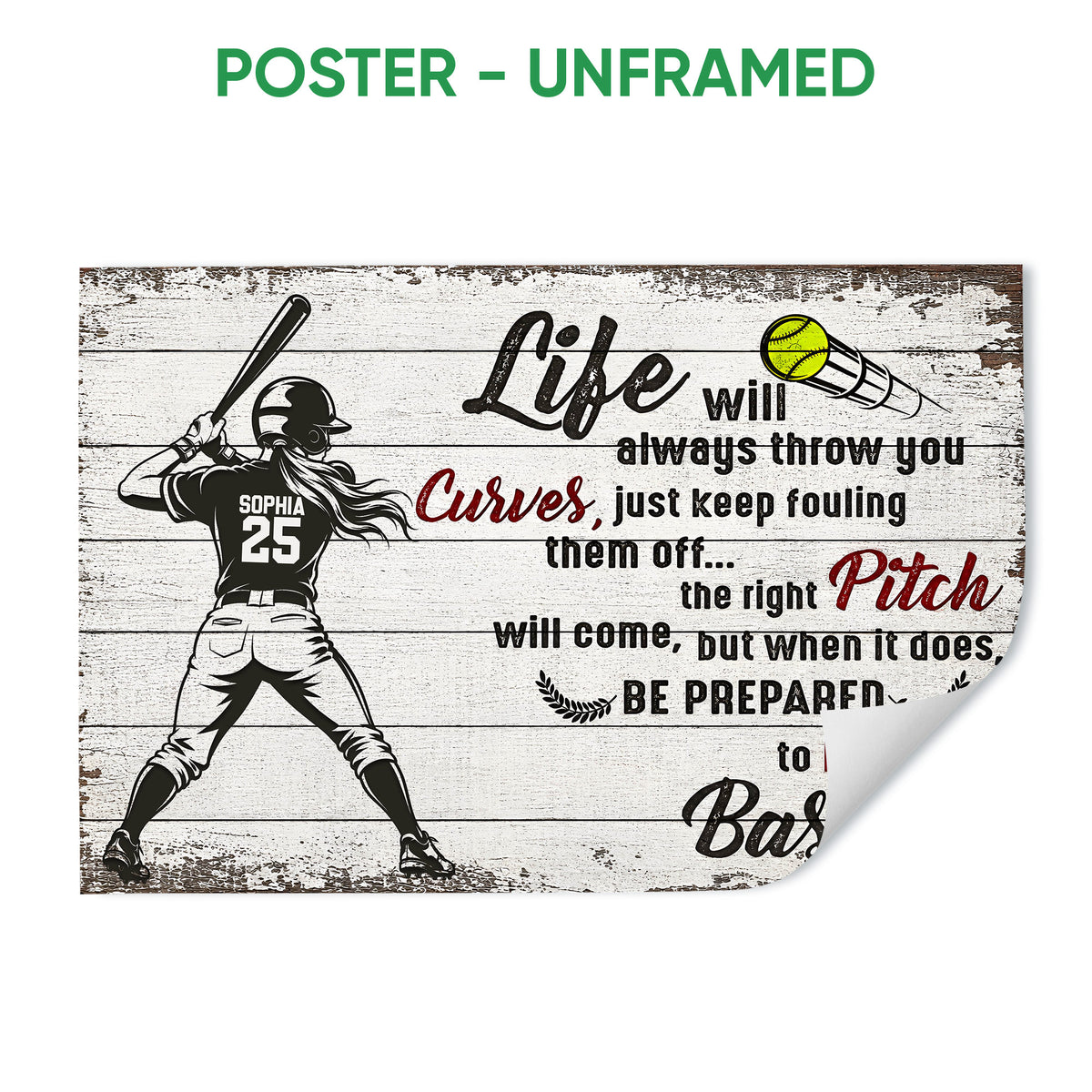 Unframed softball poster featuring a batter, bright softball, and distressed wood-style artwork