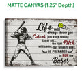 Matte canvas softball wall art with a batter, softball graphic, and rustic wood-style background