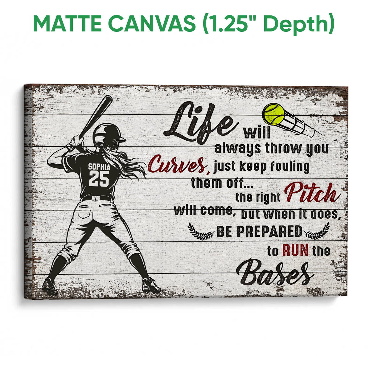 Matte canvas softball wall art with a batter, softball graphic, and rustic wood-style background