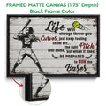 Black framed softball canvas wall art with a batter and bold black, white, red, and yellow design
