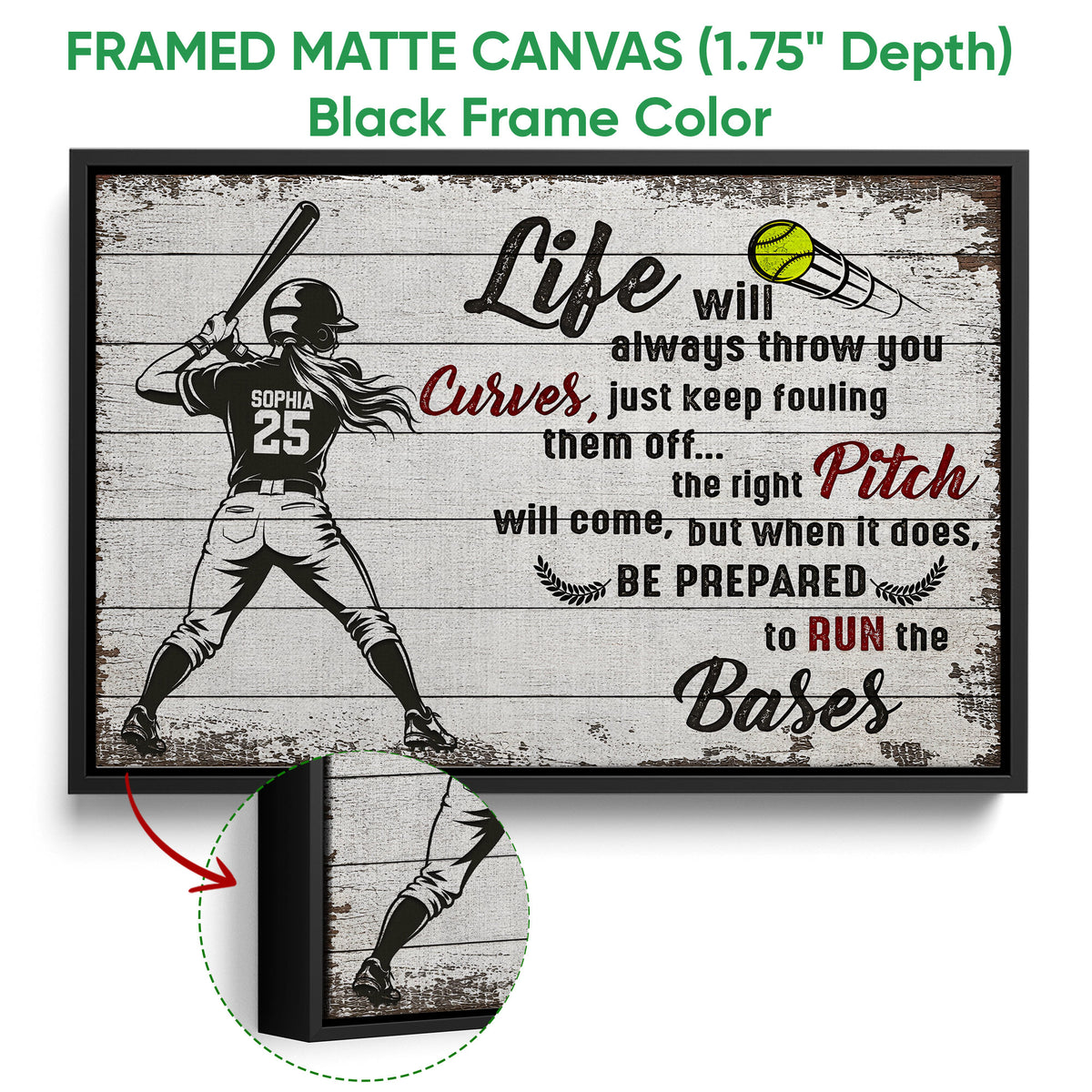 Black framed softball canvas wall art with a batter and bold black, white, red, and yellow design