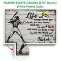 White framed softball canvas wall art featuring a batter and motivational sports artwork