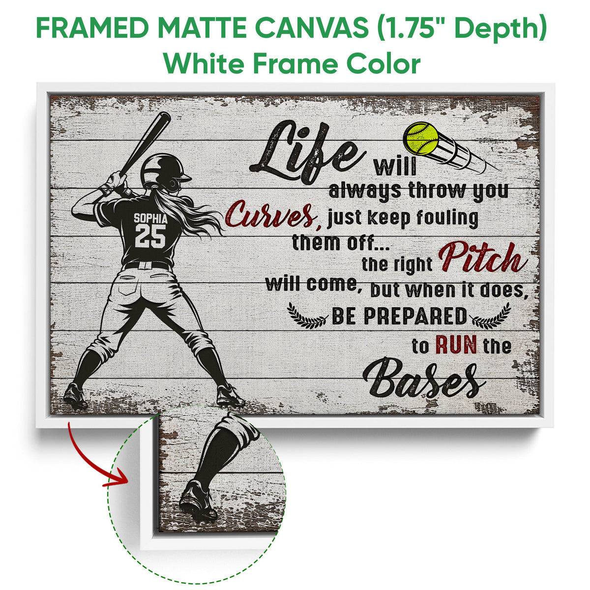 White framed softball canvas wall art featuring a batter and motivational sports artwork