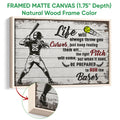 Natural wood framed softball canvas featuring a batter and rustic motivational wall art design