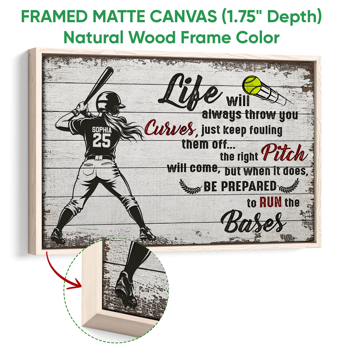 Natural wood framed softball canvas featuring a batter and rustic motivational wall art design