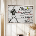 Softball canvas wall art displayed in a bright room with white wood walls and natural wood frame