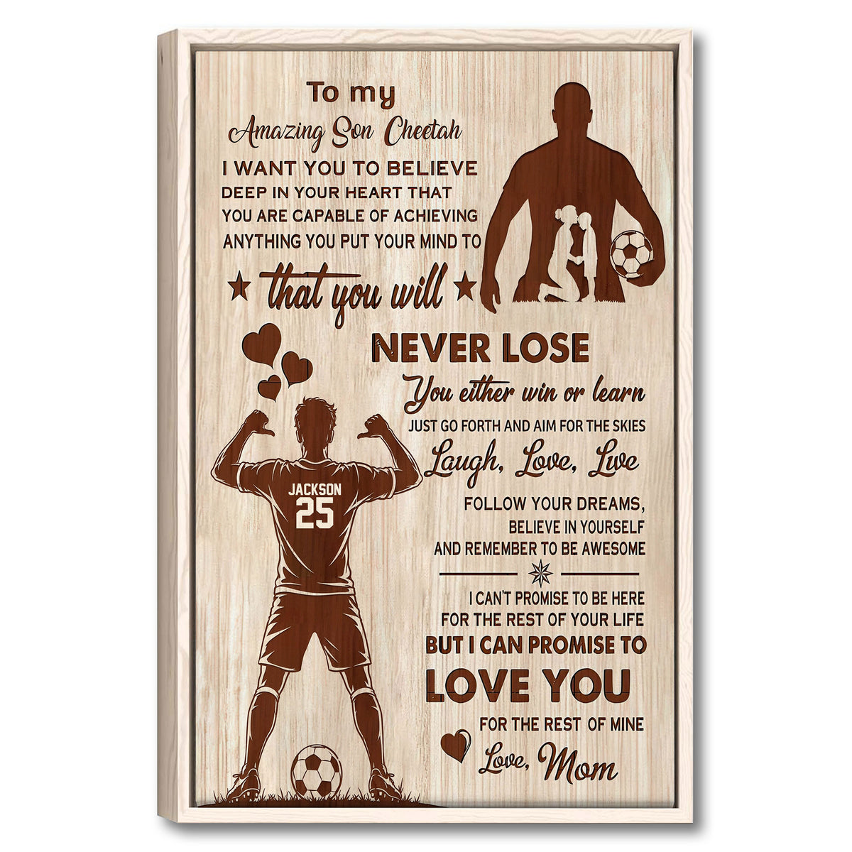 Framed soccer wall art with motivational message, family silhouettes, soccer ball, and warm woodgrain design