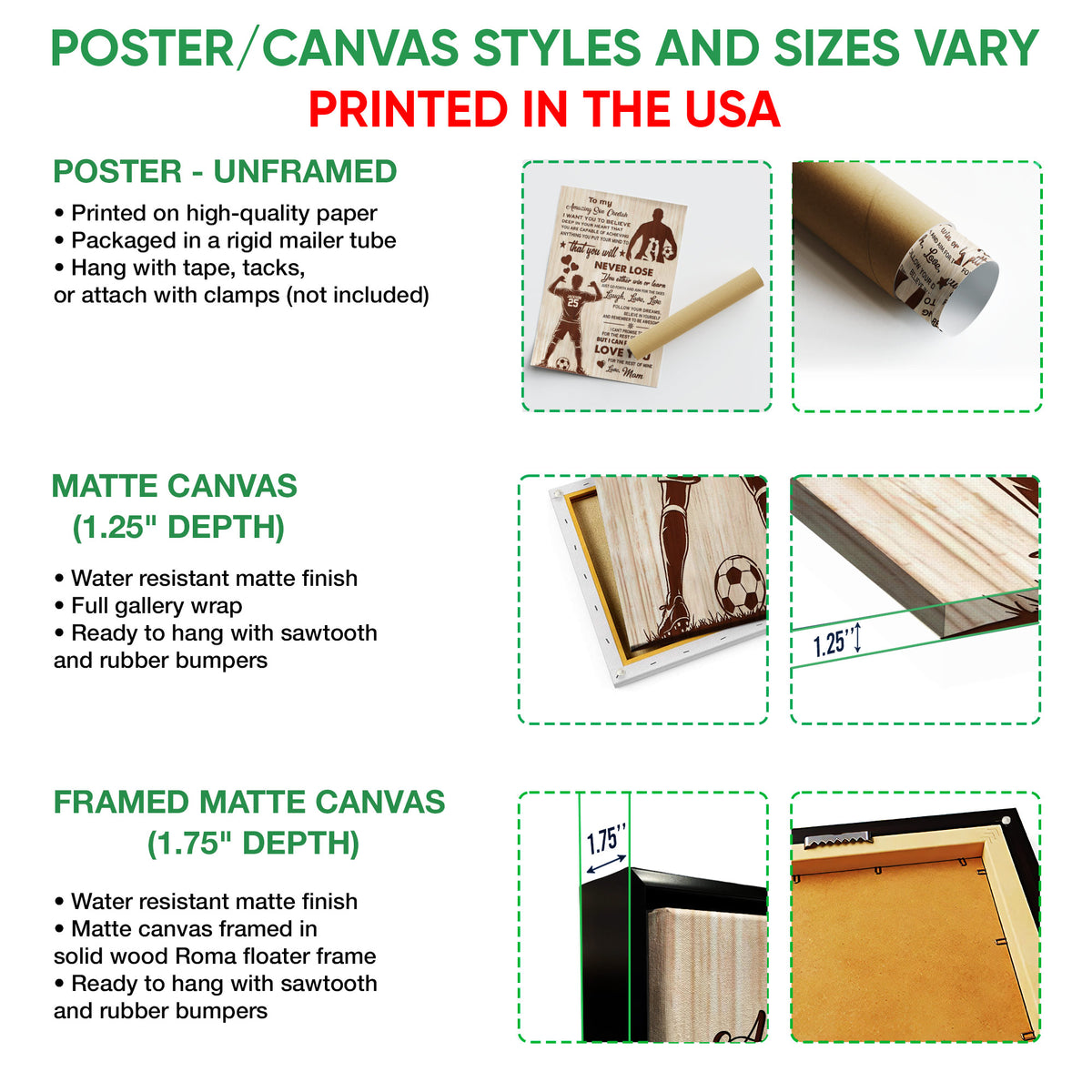 Poster or canvas wall art option guide showing unframed poster, matte canvas, and framed canvas formats