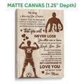 Matte canvas soccer wall art featuring motivational family message, soccer players, and warm woodgrain artwork