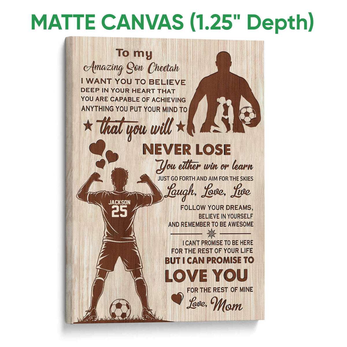 Matte canvas soccer wall art featuring motivational family message, soccer players, and warm woodgrain artwork
