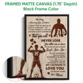 Black framed canvas soccer wall art with motivational message, soccer players, and detailed close-up finish
