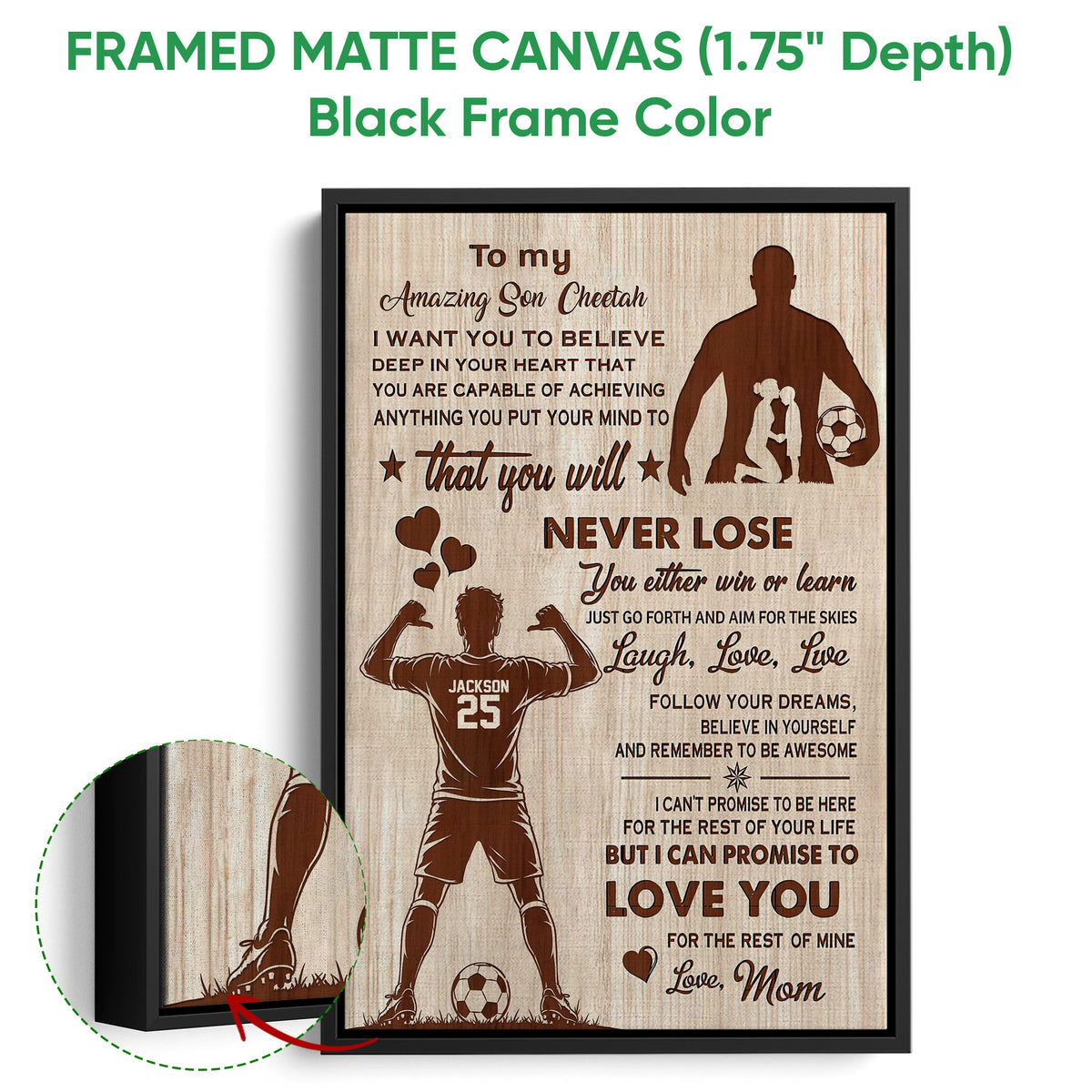 Black framed canvas soccer wall art with motivational message, soccer players, and detailed close-up finish