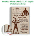 White framed canvas soccer wall art with motivational family message and close-up view of soccer artwork