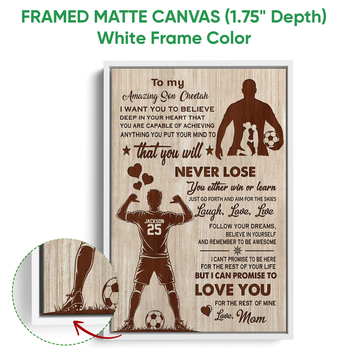 White framed canvas soccer wall art with motivational family message and close-up view of soccer artwork