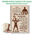 Natural wood framed soccer wall art with motivational message, soccer players, and visible frame detail