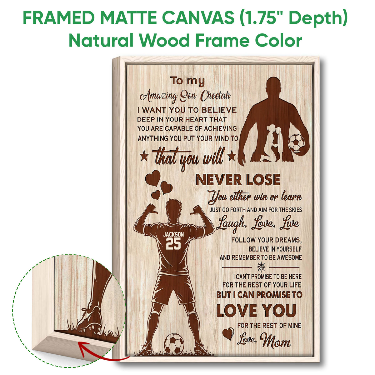Natural wood framed soccer wall art with motivational message, soccer players, and visible frame detail