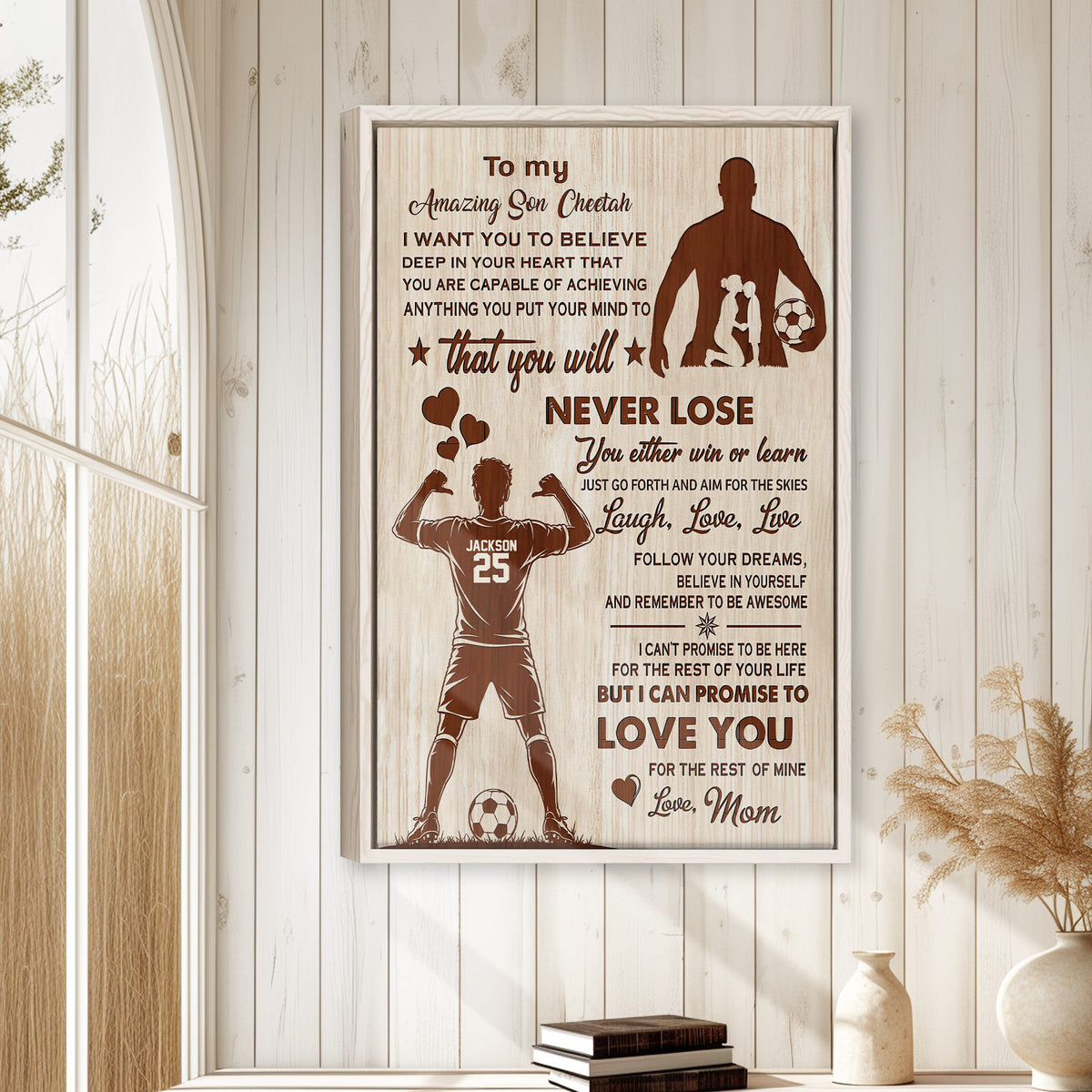 Framed soccer wall art displayed in a bright farmhouse-style room with neutral wood walls and decor