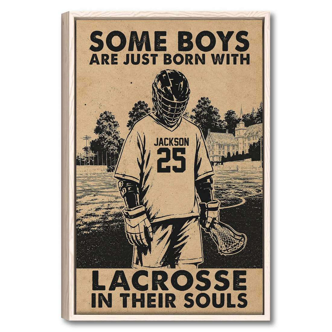 Framed lacrosse wall art featuring a protective-gear-clad player on a field in sepia tones