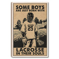 Framed lacrosse wall art featuring a protective-gear-clad player on a field in sepia tones