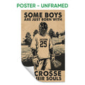 Unframed lacrosse poster with a sepia player illustration, field scene, and bold typography