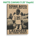 Matte canvas lacrosse wall art featuring a player in protective gear against a detailed field backdrop
